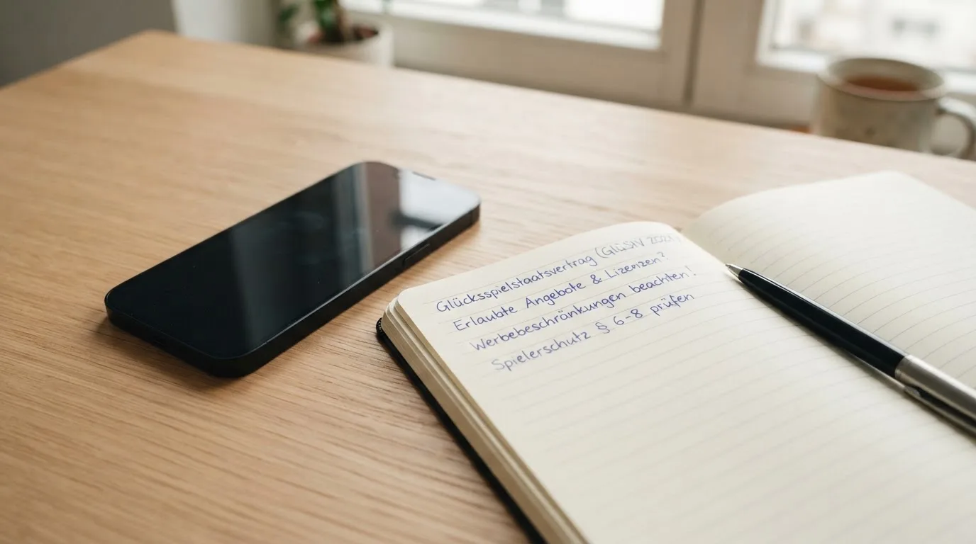 Ein Smartphone mit dunklem Display liegt neben einem Notizbuch und einem Kugelschreiber auf einem Tisch.
