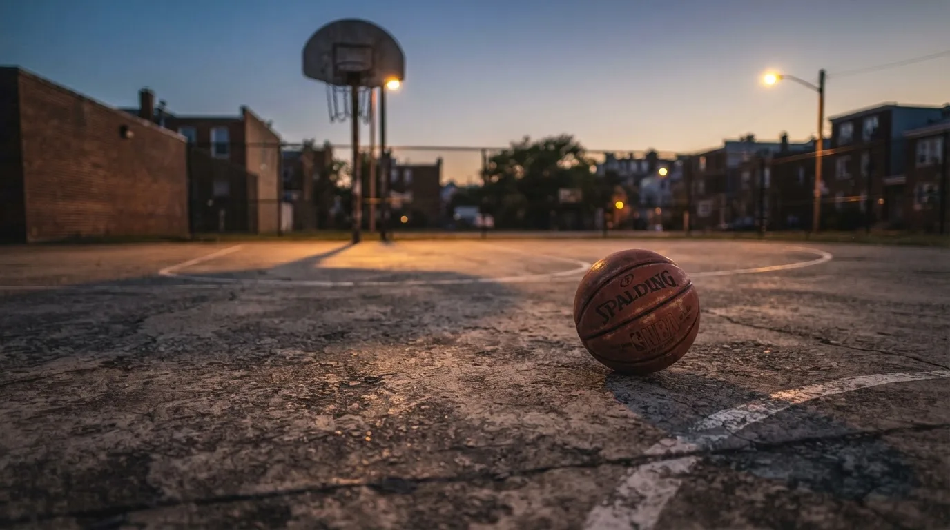 Ein Basketball rollt auf einem Freiluftplatz in der Abenddämmerung zu einem Korb, die Straßenlaternen leuchten bereits.