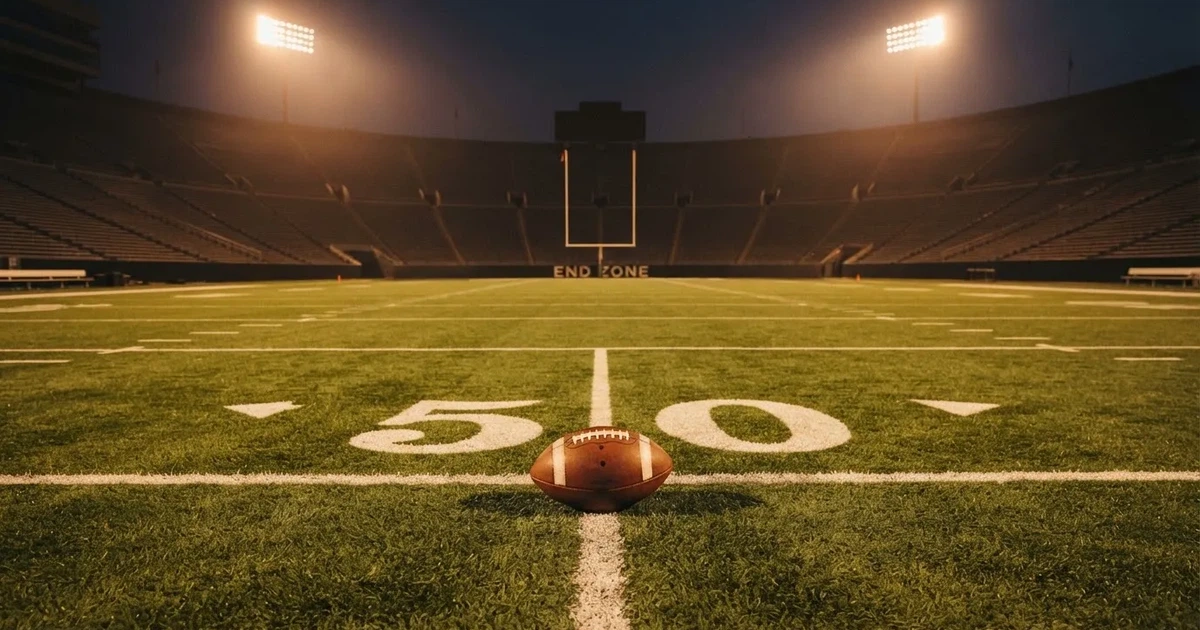 Ein American Football liegt auf dem Rasen eines leeren Stadions unter Flutlicht, die Torstangen ragen im Hintergrund auf.
