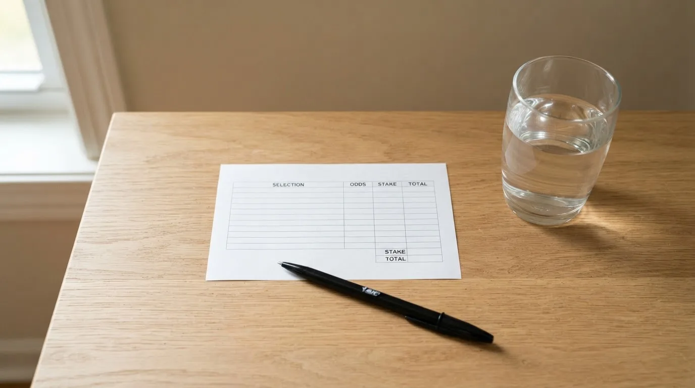 Ein leerer Wettschein aus Papier liegt neben einem Stift auf einem Tisch, daneben ein Glas Wasser.