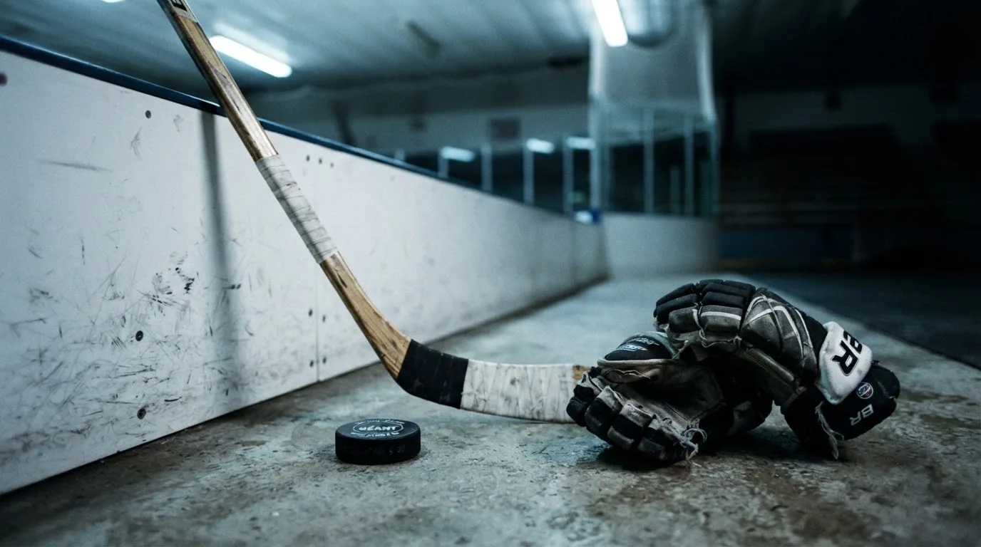 Ein Eishockeyschläger lehnt an einer Bande, daneben liegen ein Puck und ein Paar Handschuhe in einer Eishalle.