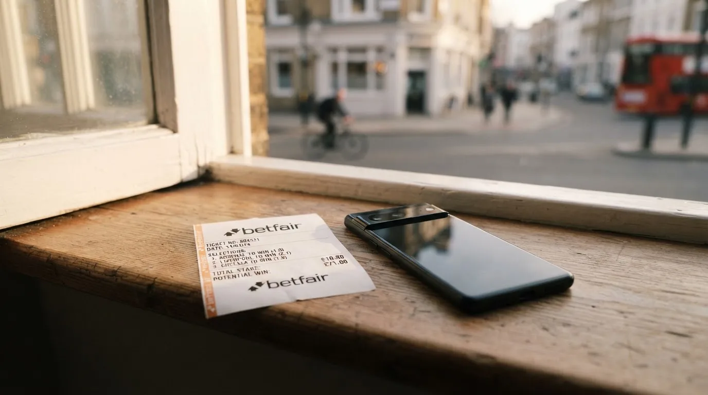 Ein leerer Wettschein aus Papier und ein Smartphone mit dunklem Display liegen auf einer Fensterbank im Tageslicht.