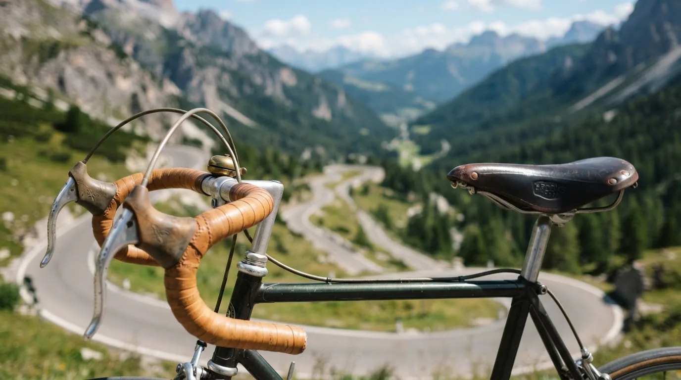 Ein Rennradlenker mit Sattel aus der Nähe, im Hintergrund unscharf eine Bergstraße mit Serpentinen.