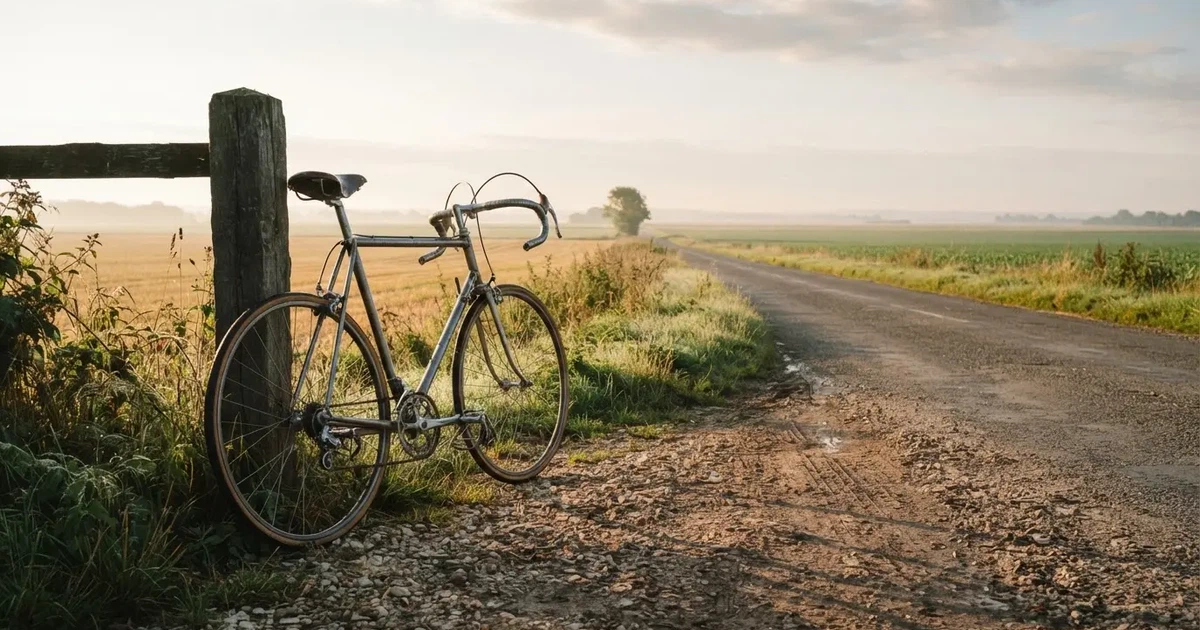Eine Landstraße zwischen Feldern im Morgenlicht, am Straßenrand lehnt ein Rennrad ohne Aufschrift an einem Pfosten.