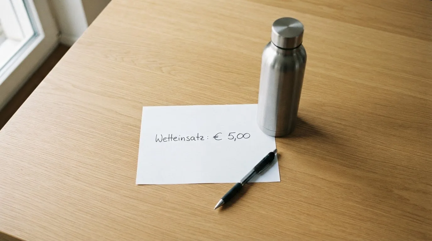 Ein leerer Wettschein aus Papier liegt neben einer Trinkflasche und einem Stift auf einem Tisch.
