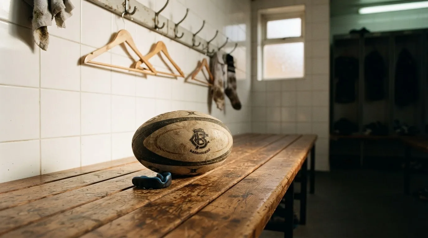 Ein Rugbyball und ein Mundschutz liegen auf einer Holzbank neben einer Reihe Kleiderhaken in einer Umkleide.