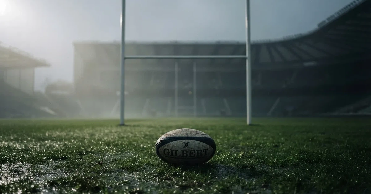 Ein ovaler Rugbyball liegt vor den hohen Torstangen auf nassem Rasen, über dem Stadion zieht Nebel auf.