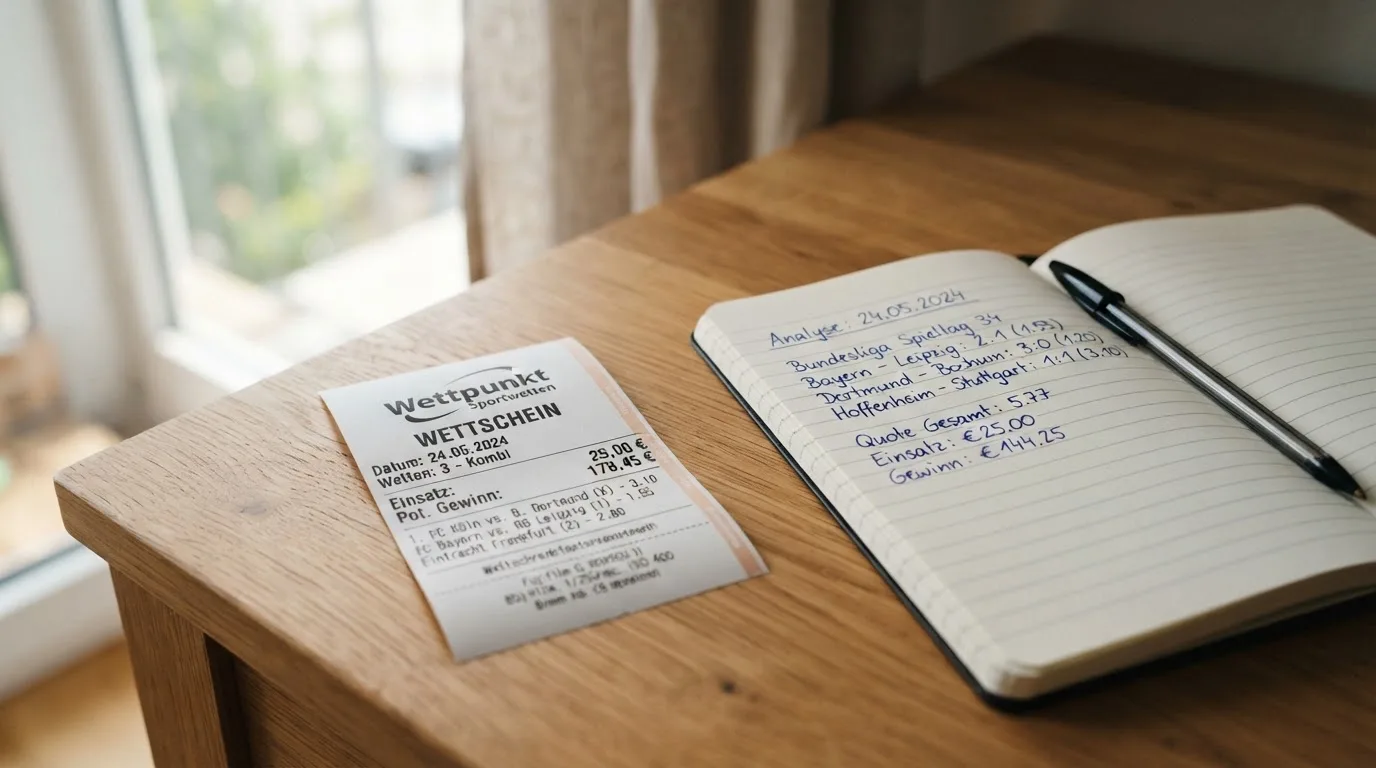 Ein leerer Wettschein aus Papier liegt neben einem Notizbuch und einem Stift auf einem Schreibtisch am Fenster.