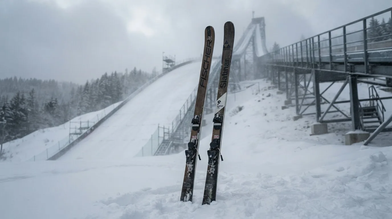 Ein Paar Skier steckt aufrecht im Schnee neben einem Anlaufturm, im Hintergrund wirbelt feiner Schnee im Wind.