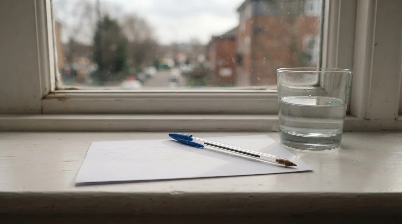Ein leerer Wettschein aus Papier und ein Kugelschreiber liegen neben einem Glas Wasser auf einer Fensterbank.