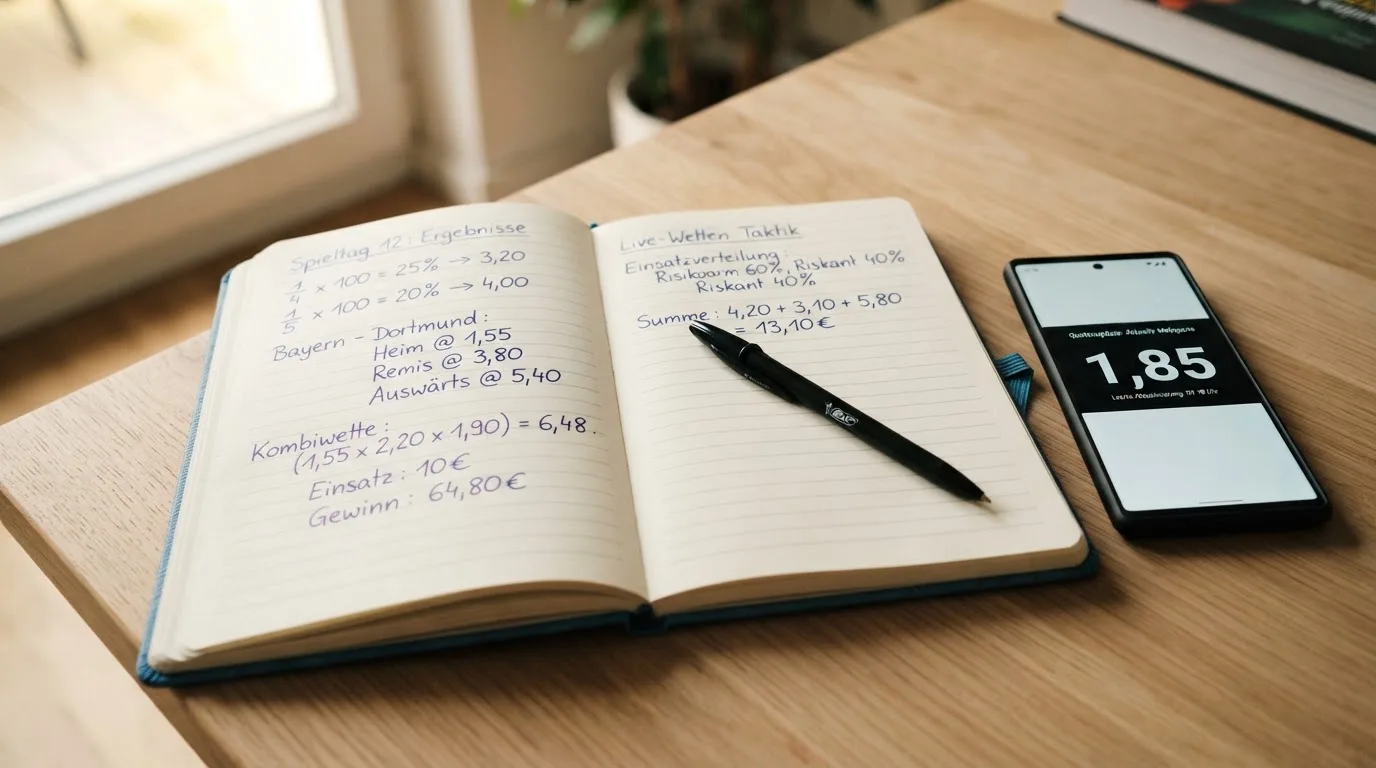 Ein aufgeschlagenes Notizbuch mit handschriftlichen Rechnungen liegt neben Stift und Smartphone auf einem Holztisch im Tageslicht.