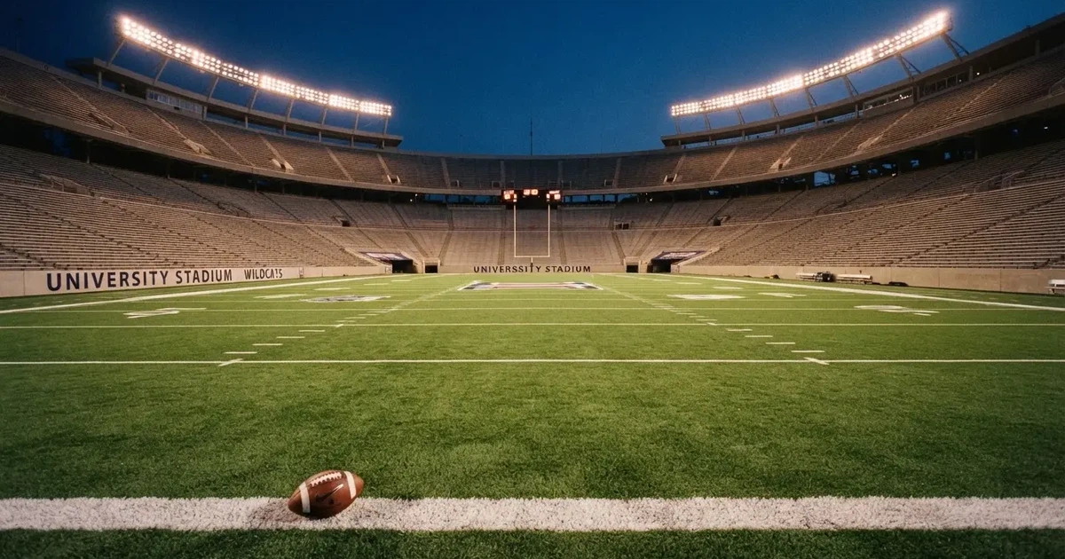 Ein Footballstadion bei Flutlicht aus der Ferne gesehen, davor ein leerer Rasen mit Yard-Linien und ein ovaler Ball am Spielfeldrand.