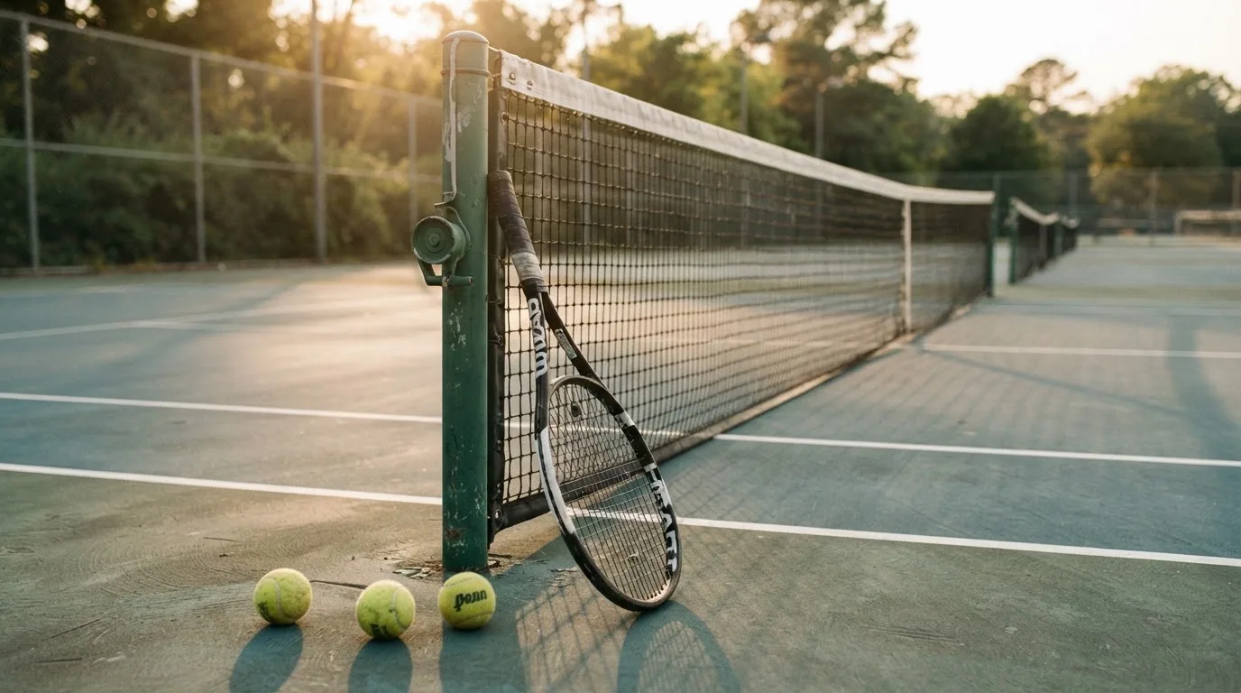 Ein Tennisschläger lehnt an einem Netzpfosten, daneben liegen drei Bälle auf einem Hartplatz in warmem Nachmittagslicht.