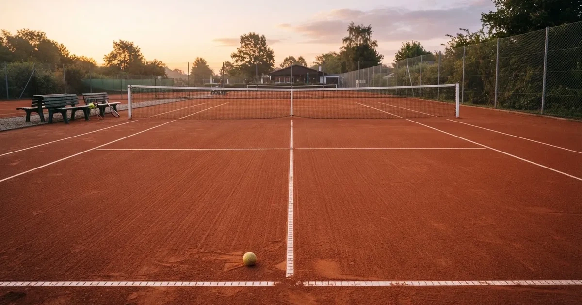 Ein Sandplatz am frühen Morgen mit frisch gezogenen Linien, einem Netz in der Mitte und einem gelben Ball auf der Grundlinie.