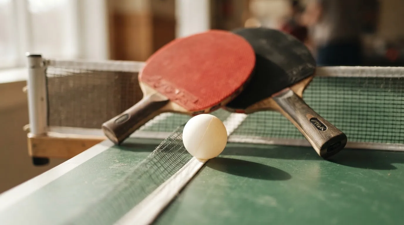 Ein weißer Ball liegt in Nahaufnahme auf der Netzkante einer Tischtennisplatte, daneben zwei Holzschläger mit rotem und schwarzem Belag.