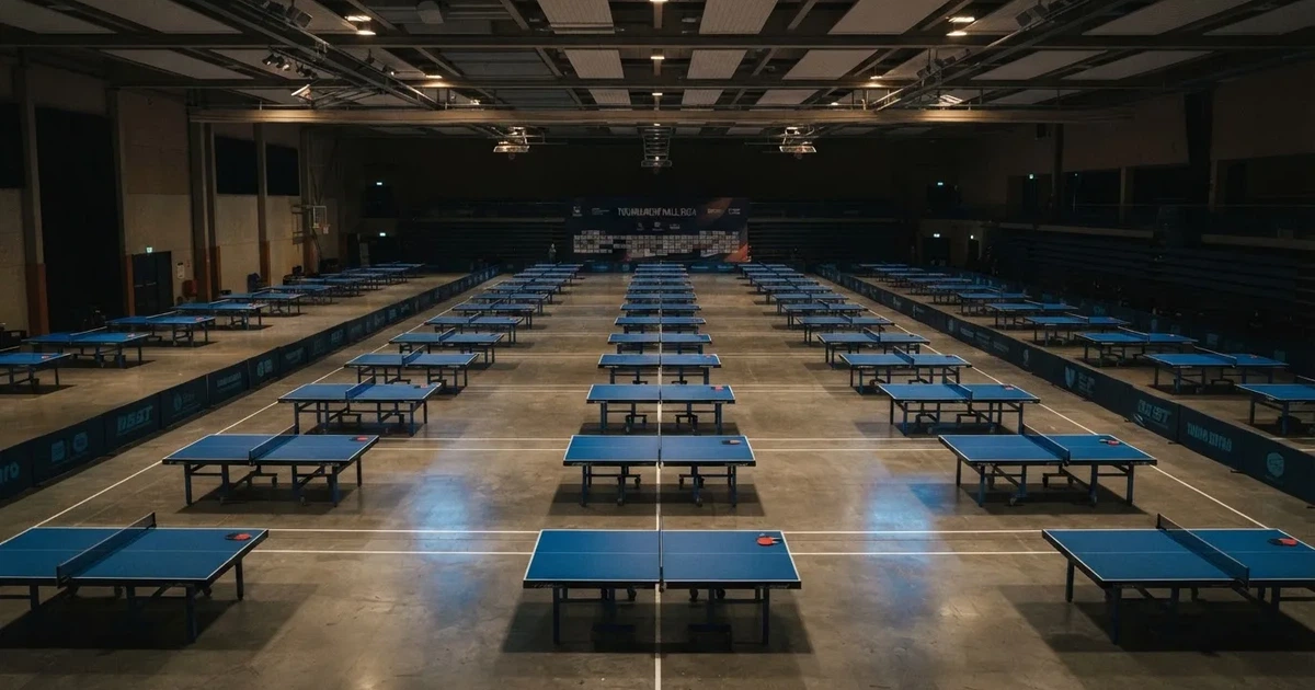 Eine Tischtennishalle aus erhöhter Perspektive mit mehreren blauen Tischen in Reihen unter gedämpftem Hallenlicht, ohne Personen.