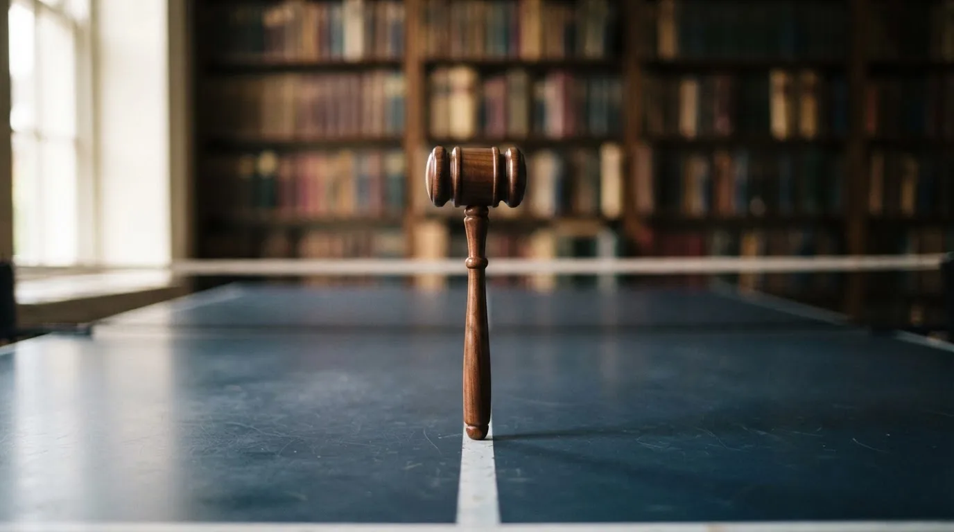Ein Richterhammer aus Holz liegt auf einer polierten Tischplatte, dahinter eine unscharfe Bücherwand.