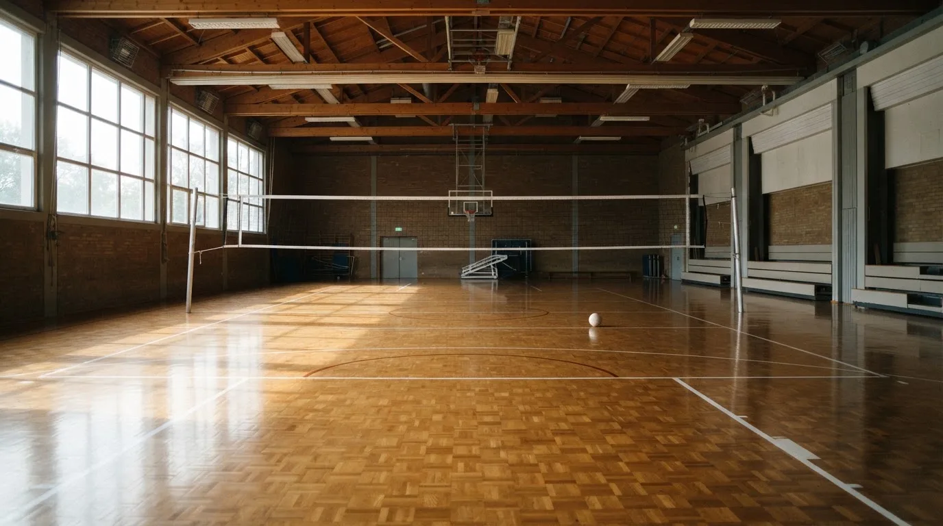 Eine leere Sporthalle mit gespanntem Volleyballnetz und glänzendem Parkett, durch hohe Fenster fällt Tageslicht.