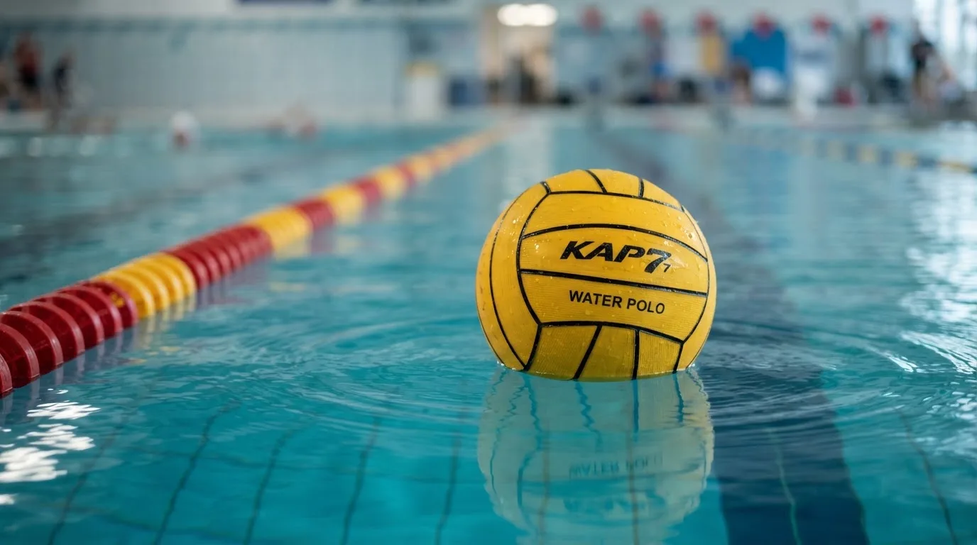 Ein gelber Wasserball treibt in Nahaufnahme auf der Wasseroberfläche neben einer Leine mit Bojen.