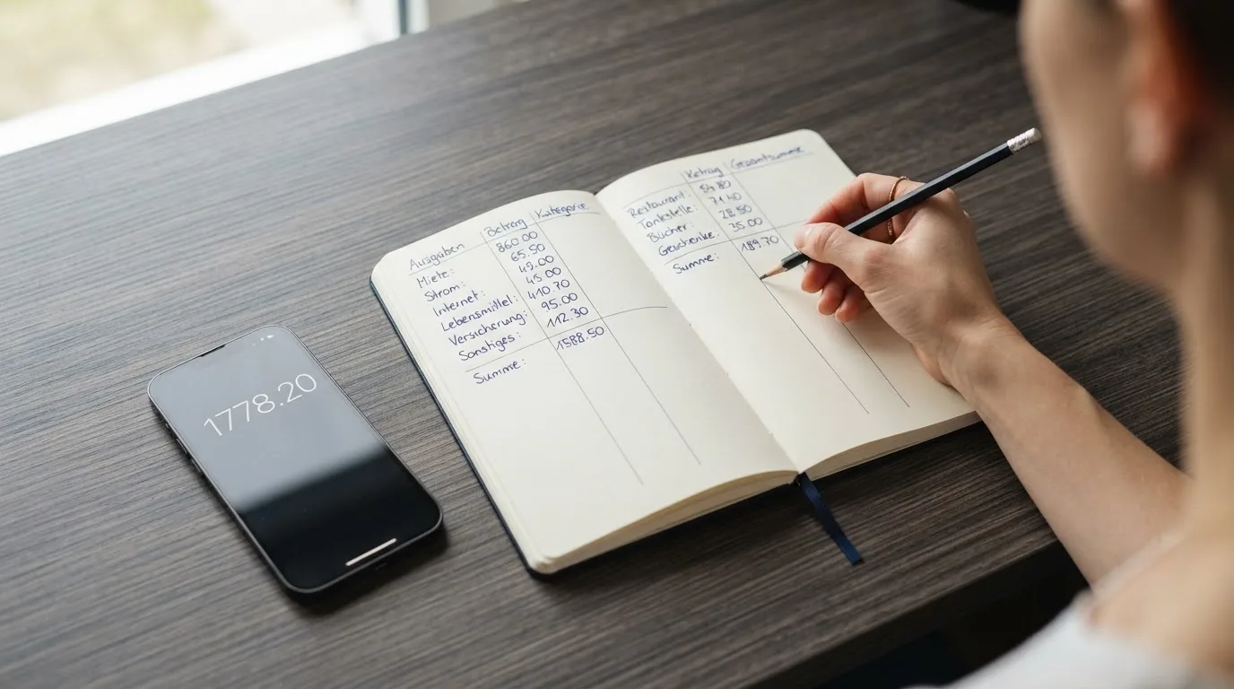 Ein Notizbuch mit handschriftlichen Spalten und einem Bleistift liegt auf einem Schreibtisch neben einem Taschenrechner.