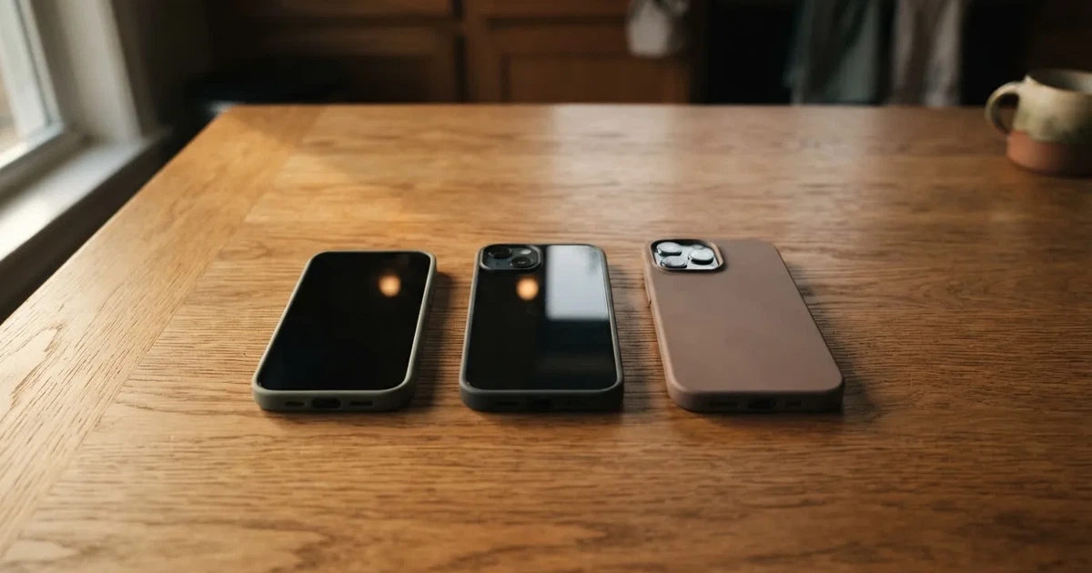 Mehrere Smartphones unterschiedlicher Größe liegen nebeneinander auf einem Holztisch, die Bildschirme sind dunkel.