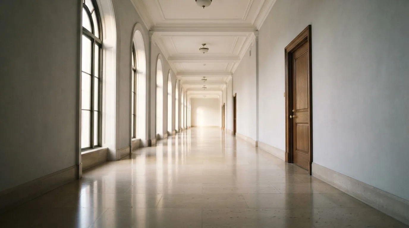 Ein leerer Amtsflur mit hohen Fenstern und glänzendem Steinboden, durch die Fenster fällt das Licht eines Vormittags.