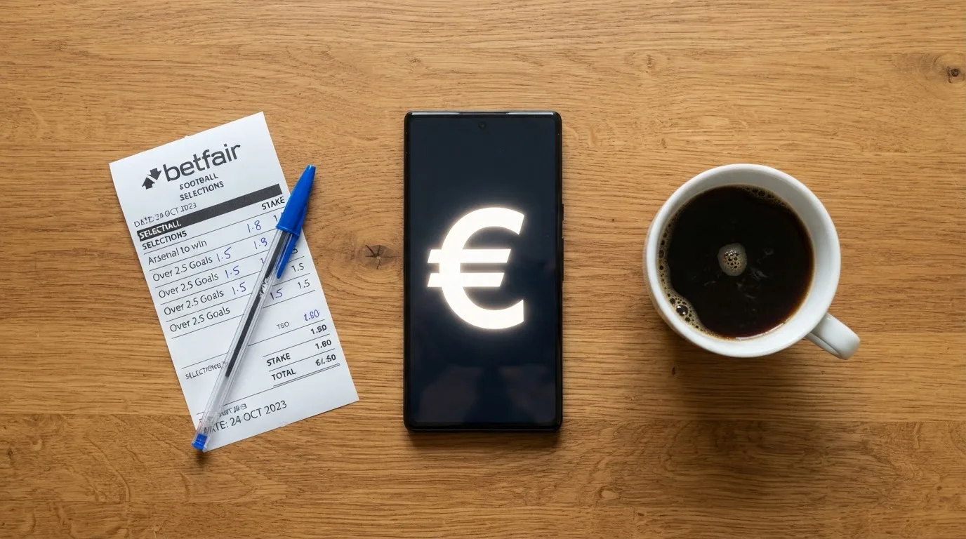 Ein Smartphone mit dunklem Bildschirm lehnt an einer Kaffeetasse auf einem Holztisch, daneben ein blanker Papier-Wettschein.