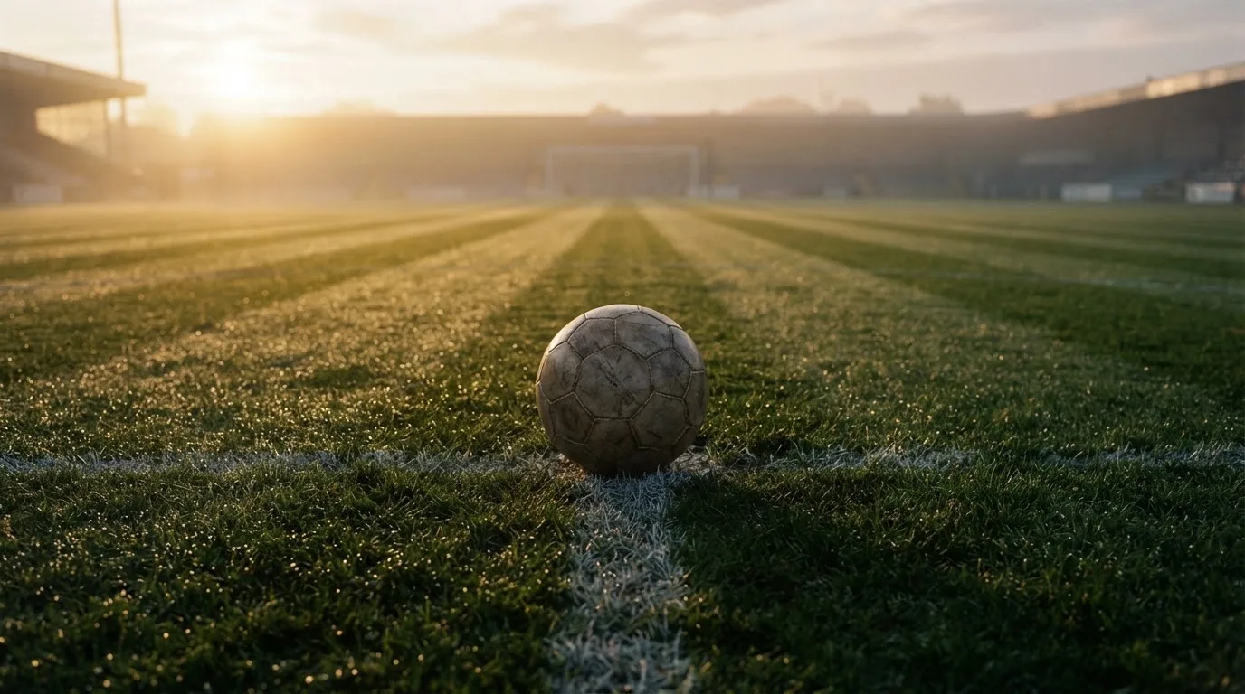 Ein Fußball liegt auf dem Anstoßpunkt eines Rasenplatzes im ersten Morgenlicht, Tau glänzt auf dem Gras.
