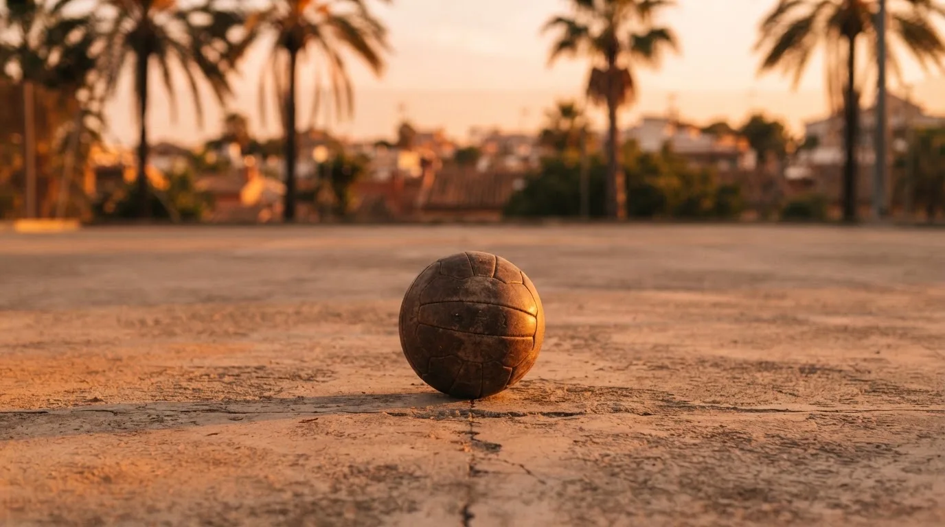 Ein Fußball liegt auf einem staubigen Bolzplatz mit Palmen im Hintergrund in warmem Abendlicht.