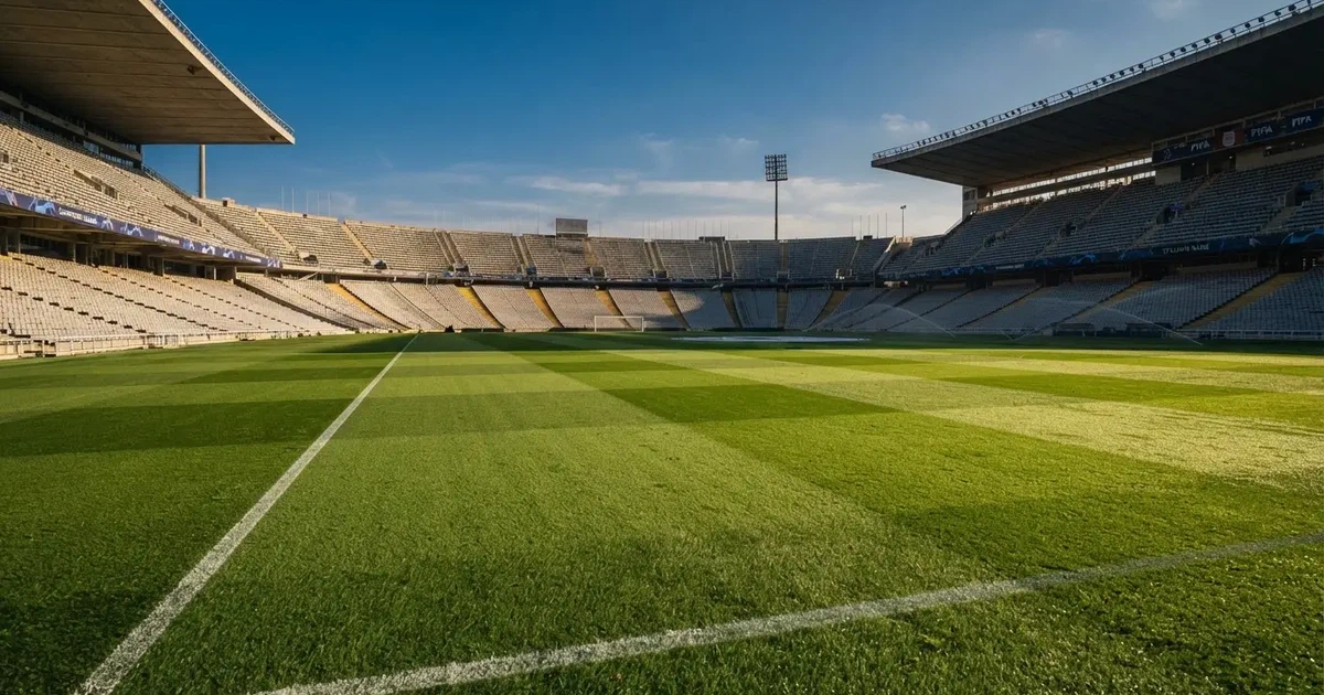 Ein Fußballstadion mit hellen Rängen unter strahlend blauem Himmel, davor ein sonnenbeschienener Rasen mit frisch gemähten Streifen.