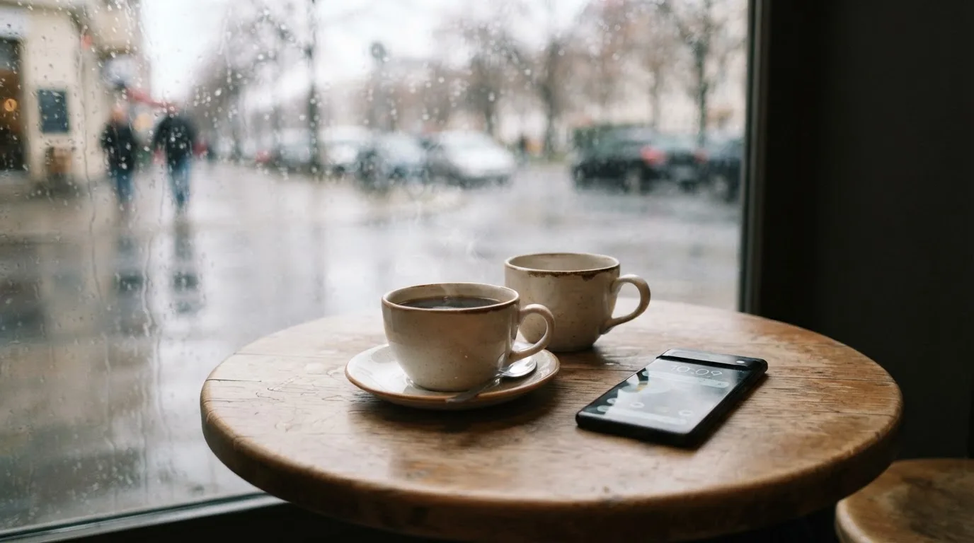 Zwei Kaffeetassen und ein dunkles Smartphone stehen auf einem Café-Tisch am Fenster im Morgenlicht.