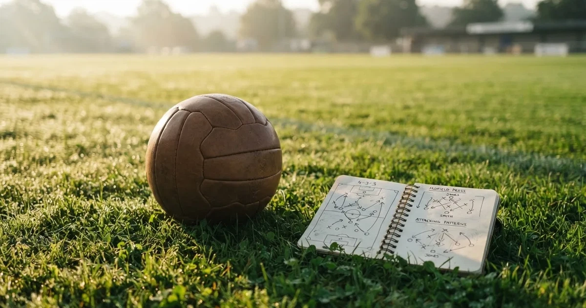 Ein Fußball und ein Notizblock mit handgezeichneten Pfeilen und Kreisen liegen an einer Rasenkante im Morgenlicht.