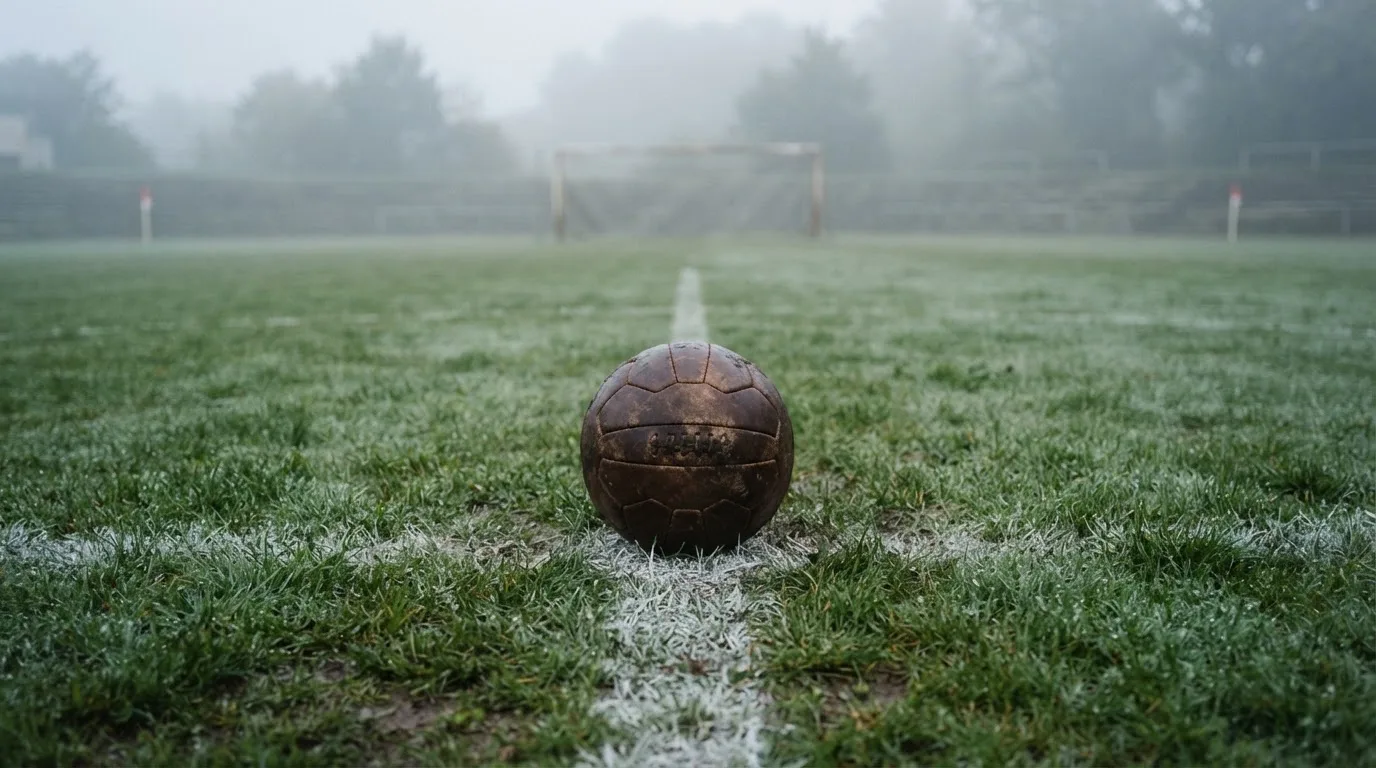Ein abgewetzter Fußball liegt auf dem Anstoßkreis eines Naturrasens im Morgennebel.