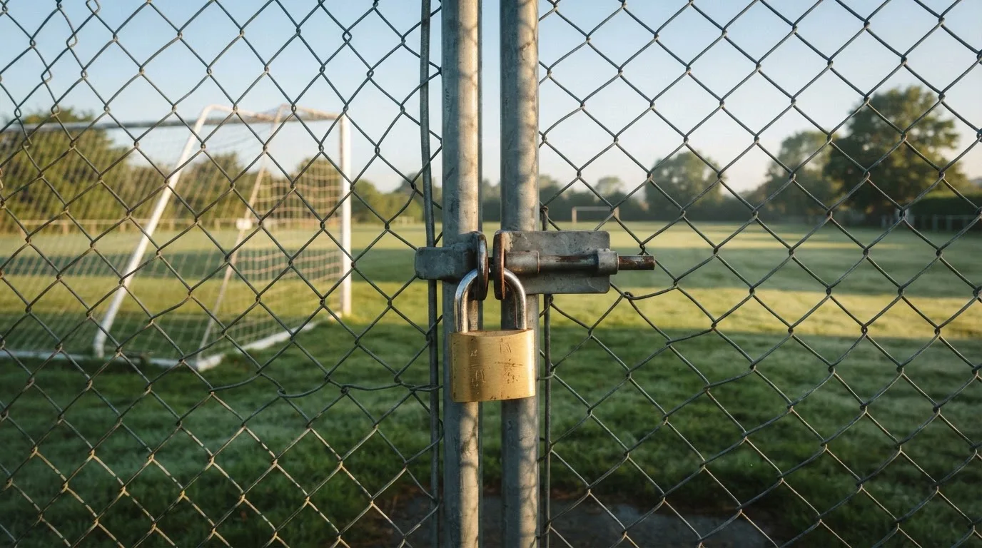 Ein geschlossenes Tor an einem Zaun mit Vorhängeschloss im Morgenlicht, dahinter ein einfacher Sportplatz.
