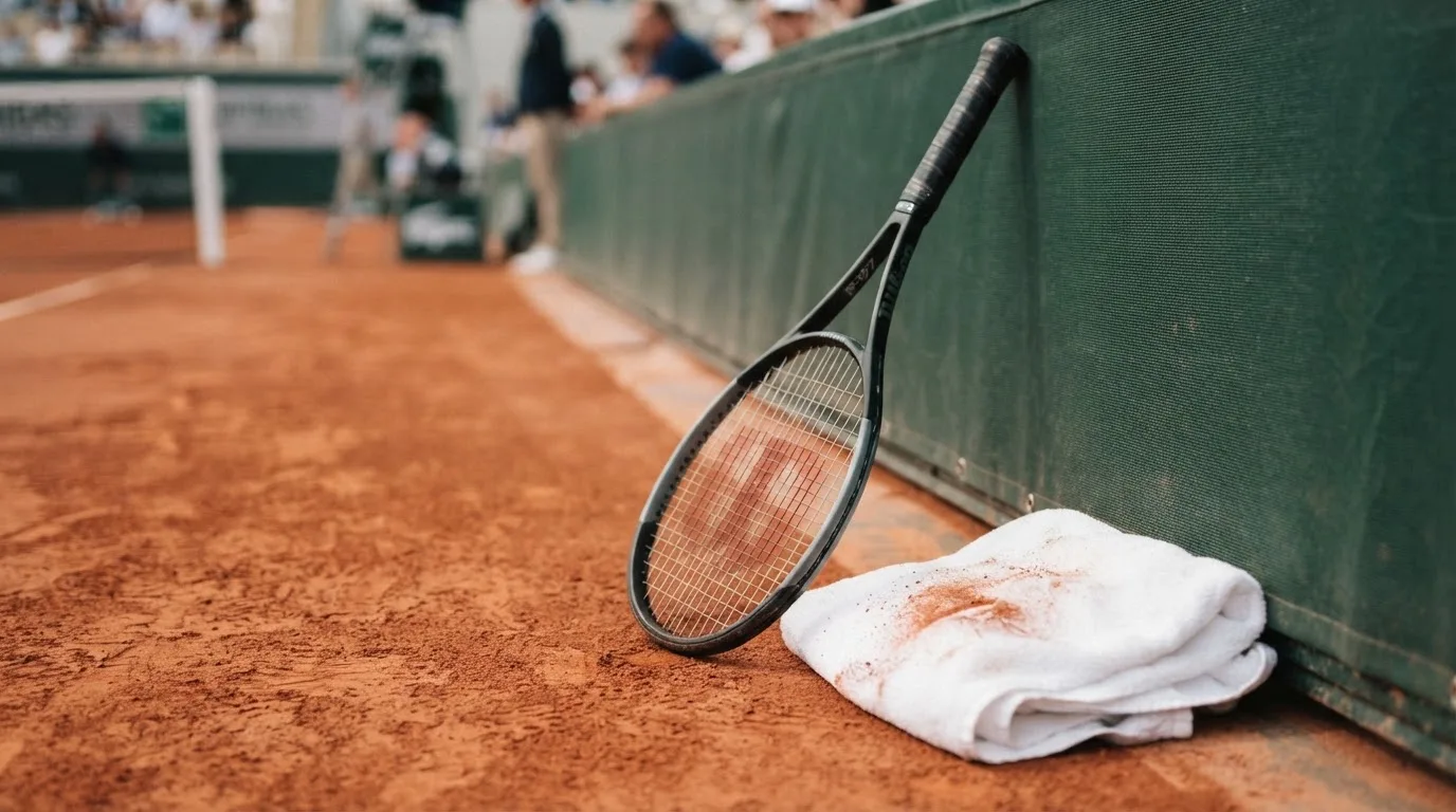 Ein Tennisschläger lehnt an einer dunkelgrünen Bande ohne Aufschrift auf einem Sandplatz, daneben liegt ein Handtuch.