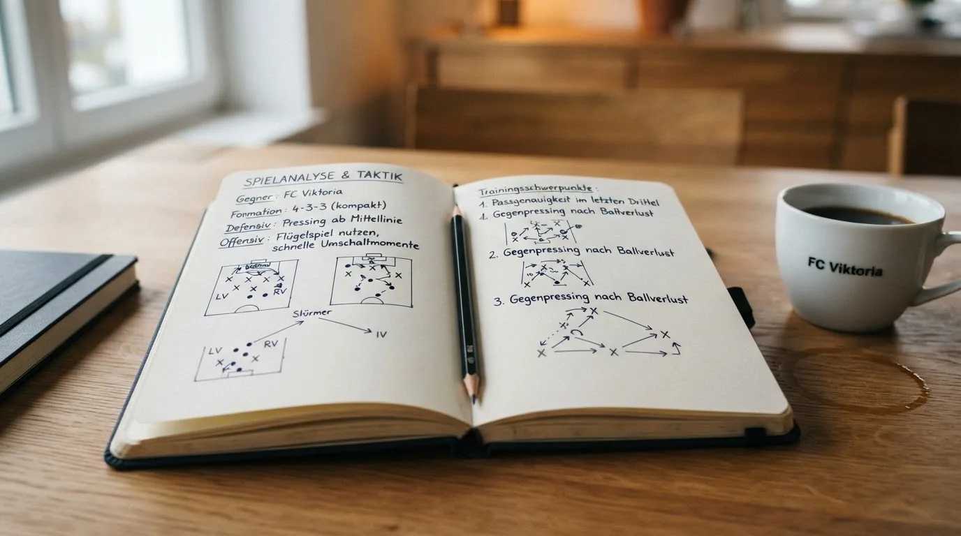 Ein aufgeschlagenes Notizbuch mit handschriftlichen Skizzen liegt neben einem Bleistift auf einem Holztisch, daneben eine Tasse Kaffee.