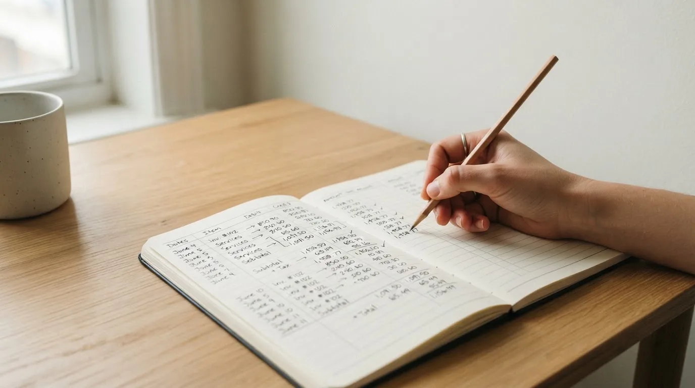 Ein Taschenrechner und ein Bleistift liegen auf einem Schreibtisch neben einem aufgeschlagenen Notizbuch mit handschriftlichen Zahlenreihen.