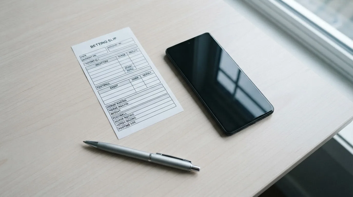 Ein leerer Papier-Wettschein liegt neben einem Smartphone mit dunklem Display auf einer hellen Tischplatte, daneben ein Kugelschreiber.