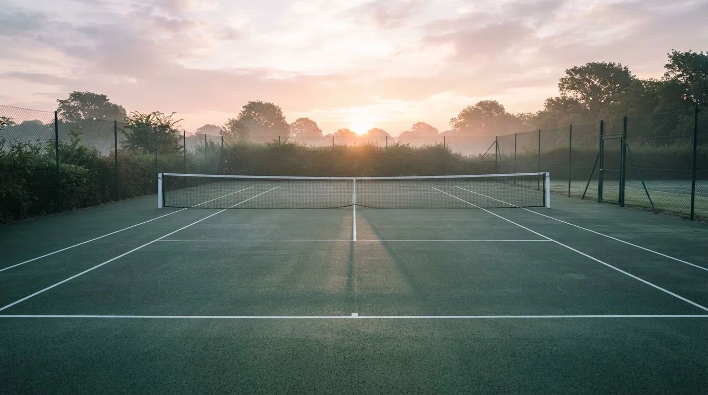 Ein Tennisplatz bei Sonnenaufgang, Netz und Grundlinien im weichen Licht, niemand ist zu sehen.