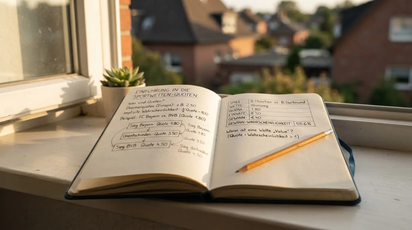 Ein aufgeschlagenes Notizbuch mit handschriftlichen Skizzen und ein Bleistift liegen auf einer Fensterbank im Tageslicht.