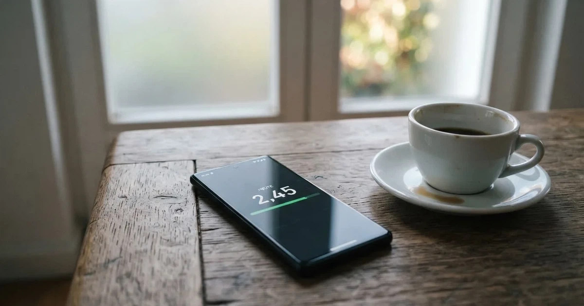 Ein Smartphone mit dunklem Display liegt auf einem Holztisch neben einer Tasse Kaffee, im Hintergrund ein unscharfes Fenster.