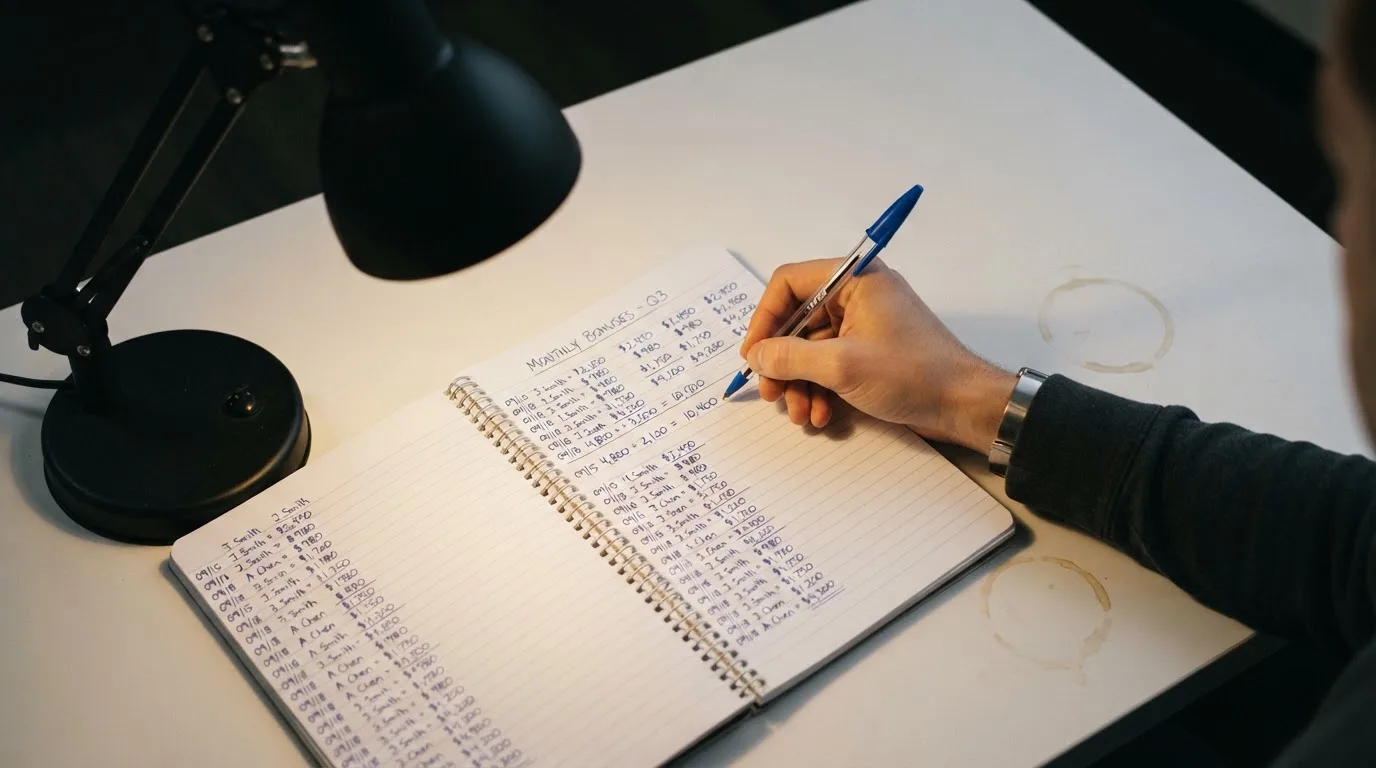 Ein Taschenrechner und ein Notizbuch mit handschriftlichen Zahlenreihen liegen auf einem Schreibtisch unter einer Lampe.