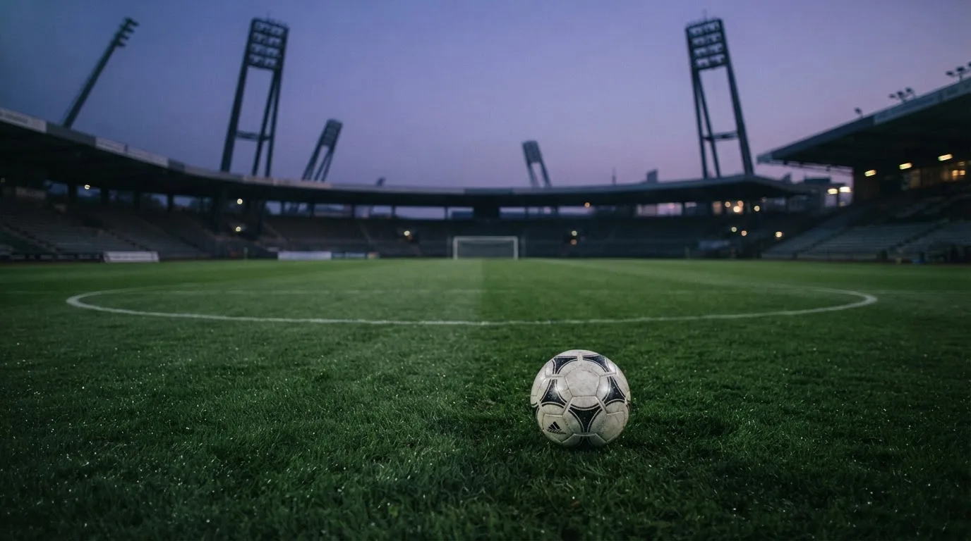 Ein Fußball liegt im Gras eines leeren Platzes, im Hintergrund stehen Flutlichtmasten in der Dämmerung.