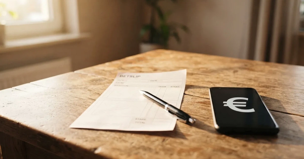 Ein leerer Papier-Wettschein und ein Kugelschreiber liegen auf einem Holztisch, daneben ein kleiner Stapel Münzen im Morgenlicht.