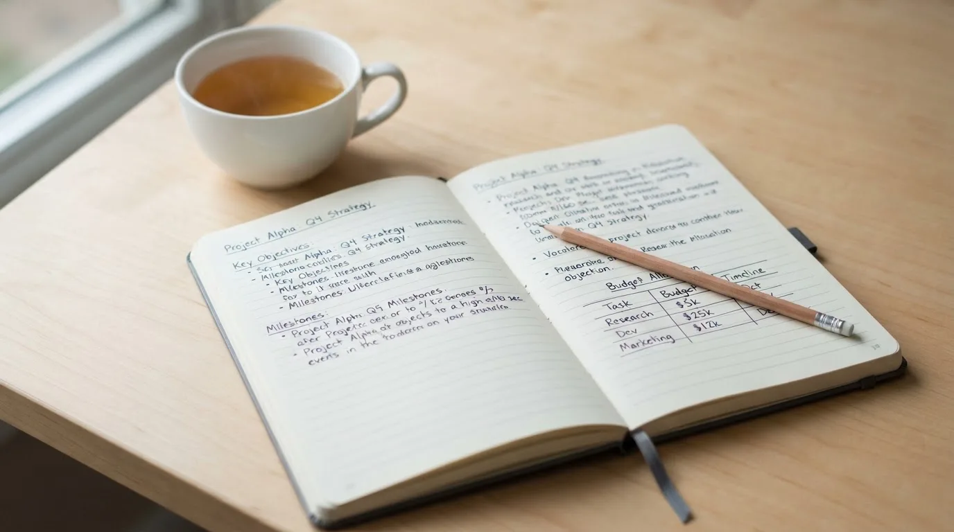 Ein aufgeschlagenes Notizbuch mit handschriftlichen Skizzen und ein Bleistift liegen auf einem Schreibtisch neben einer Tasse Tee.