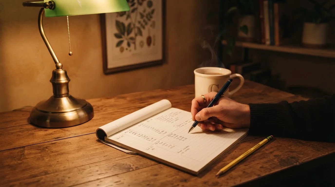 Ein Taschenrechner und ein Bleistift liegen auf einem Schreibtisch neben einer Tasse Kaffee im Licht einer Lampe.