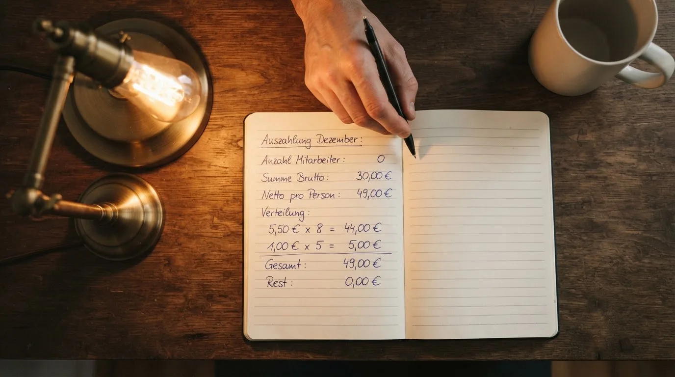 Ein Taschenrechner und ein aufgeschlagenes Notizbuch mit handschriftlichen Zahlenreihen liegen unter einer Schreibtischlampe.