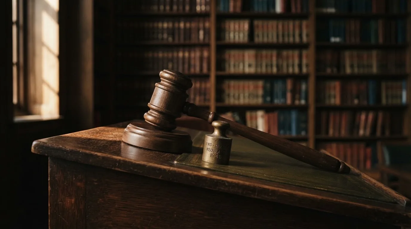 Ein hölzerner Richterhammer liegt auf einem dunklen Pult neben einem Messinggewicht, im Hintergrund ein unscharfes Bücherregal.
