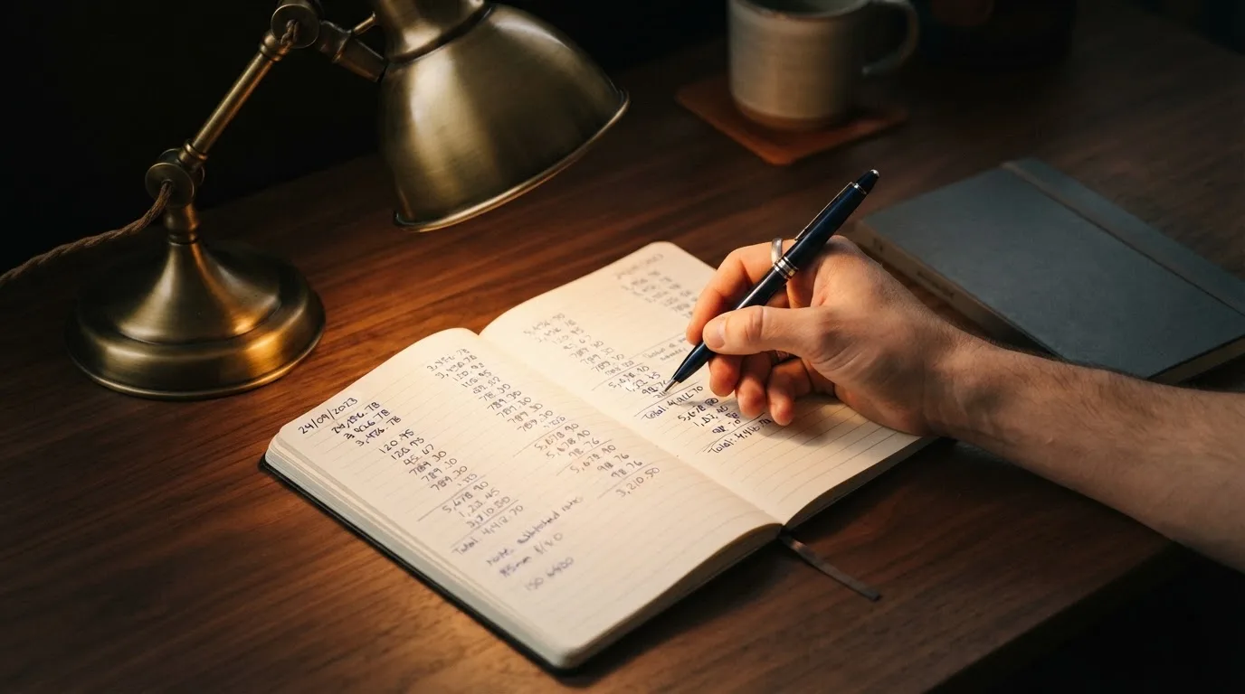 Ein Taschenrechner und ein aufgeschlagenes Notizbuch mit handschriftlichen Zahlenreihen liegen unter einer Schreibtischlampe.