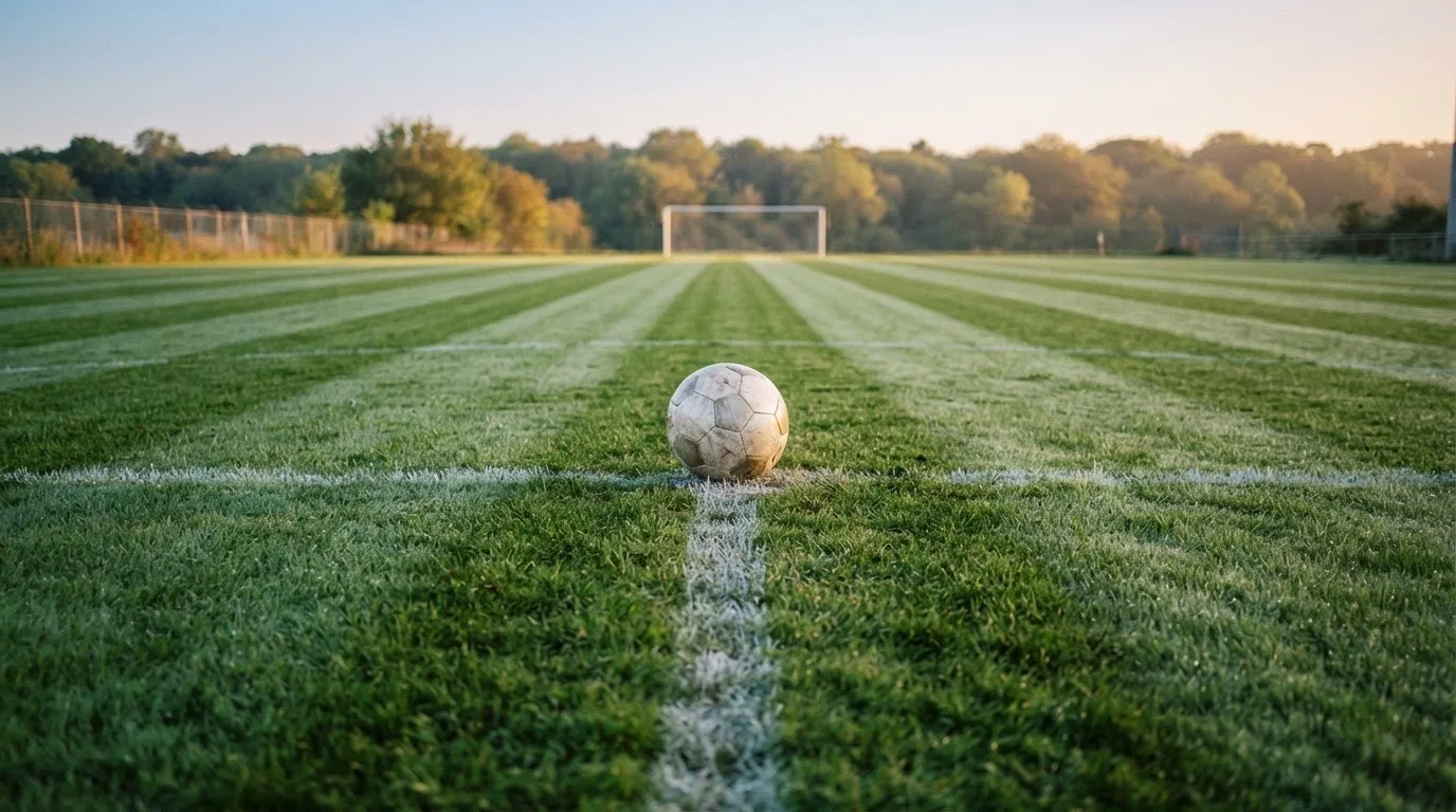 Ein Fußball liegt allein auf dem Anstoßpunkt eines leeren Rasenplatzes im Morgenlicht, am Rand ein niedriger Zaun.
